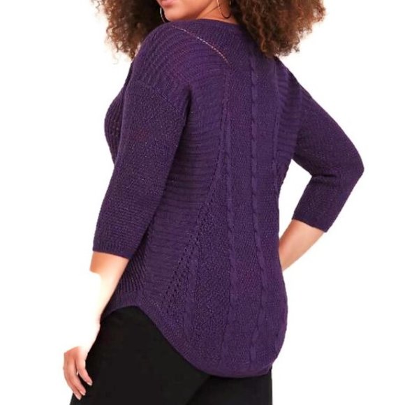 Torrid V Neck Sweater Tunic Metallic Purple Cable 3D Knit WooL Blend 4X - Picture 2 of 11